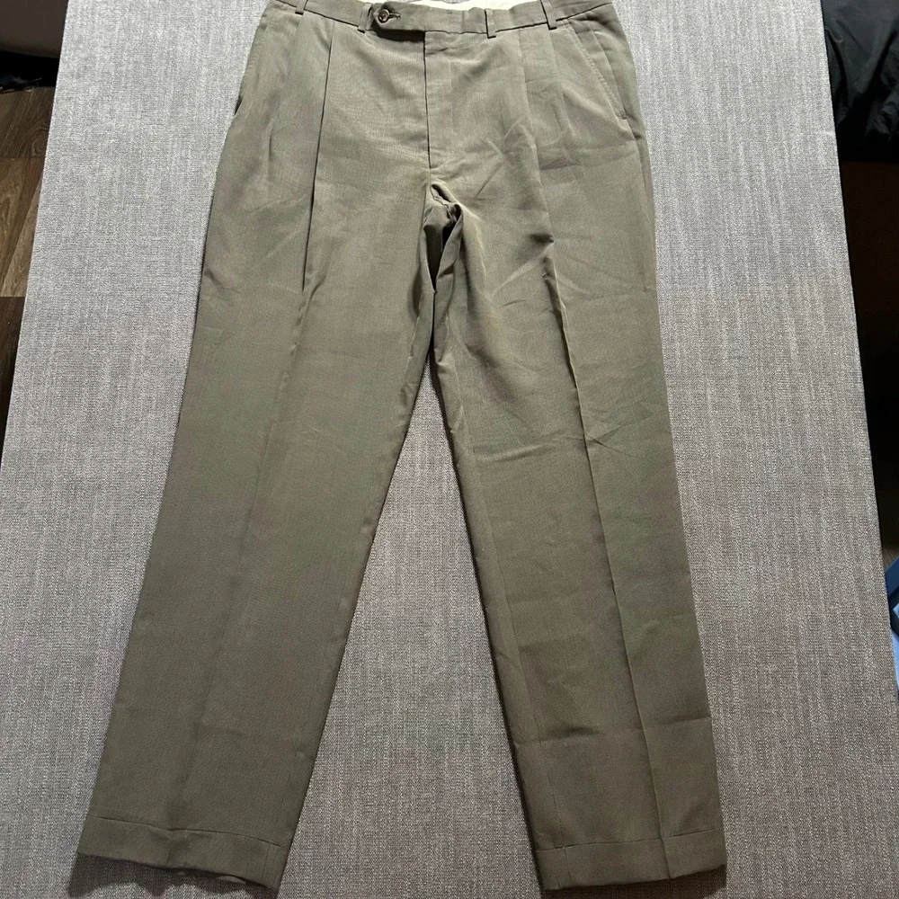 Brooks Brothers 346 Dress Pants Mens 38L Taupe Brown Pleated Cuffed Micro-Check